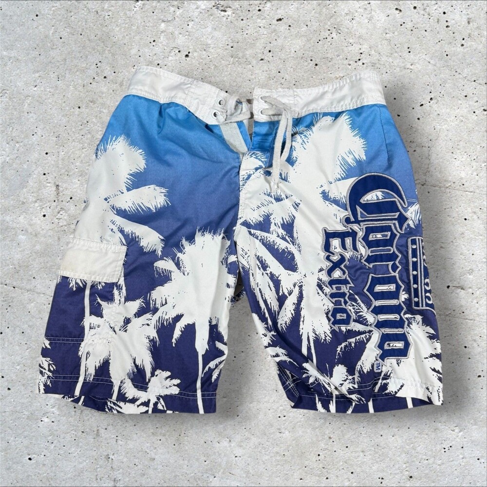 Corona Men’s Board Shorts Blue/White Palm Tree Drawstring Pockets Size M